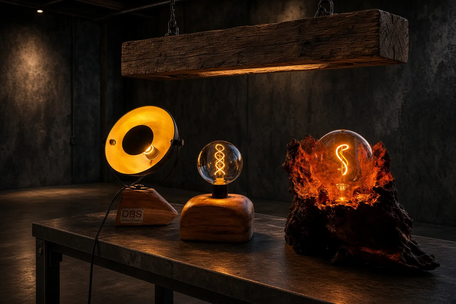 One-off pendant lamp from a historic oak beam and black steel